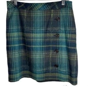 J. Jill Plaid Wool Blend Button Front Mini Skirt Green Women’s Size 10